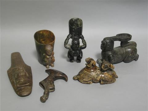 Appraisal: SIX CHINESE JADE AND HARDSTONE ARCHAISTIC CARVINGS The group comprising