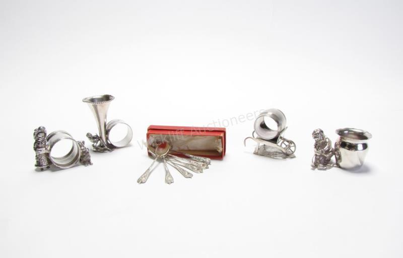 Appraisal: Silver Demitasse Spoons and Figural Napkin Holders including set of