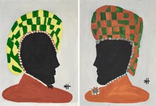 Appraisal: Clementine Hunter - African Headdress c pair of oils on