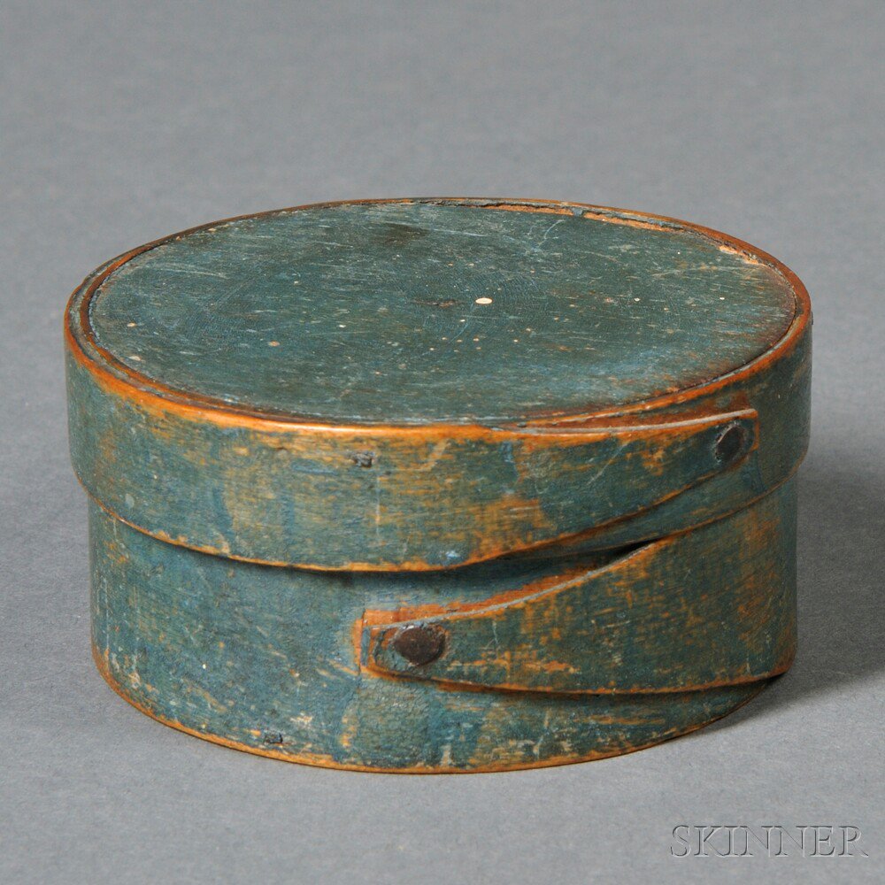 Appraisal: Small Blue-painted Lapped-seam Covered Box America th century round form