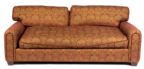 Appraisal: A fully upholstered sofa on square tapered legs height in