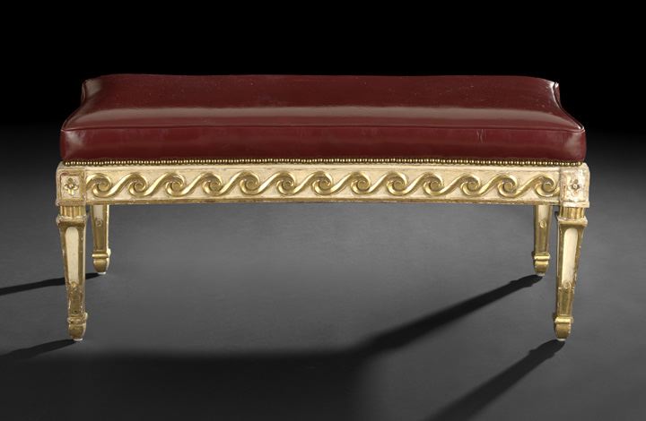 Appraisal: Neoclassical-Style Polychromed and Parcel-Gilt Bench early th century the concave