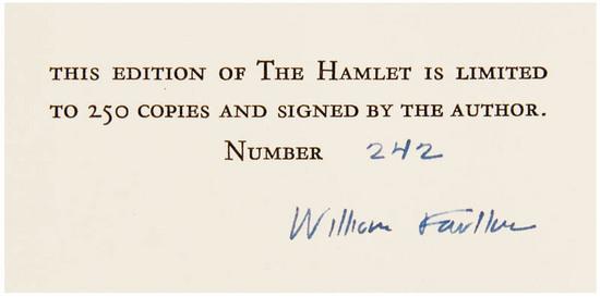 Appraisal: FAULKNER William The Hamlet New York Random House vo Color