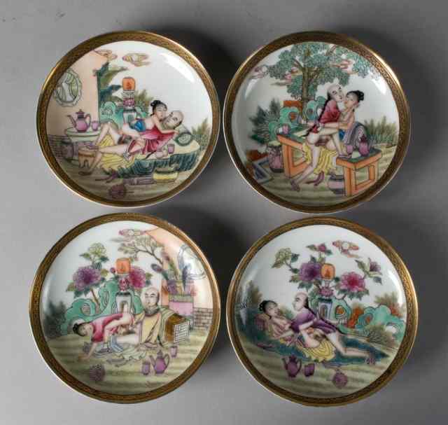 Appraisal: Chinese Famille Rose Erotic PlatesAll with gilt rims each depicting