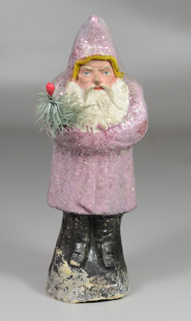 Appraisal: Paper mache Santa candy container lavender robe with mica flecks