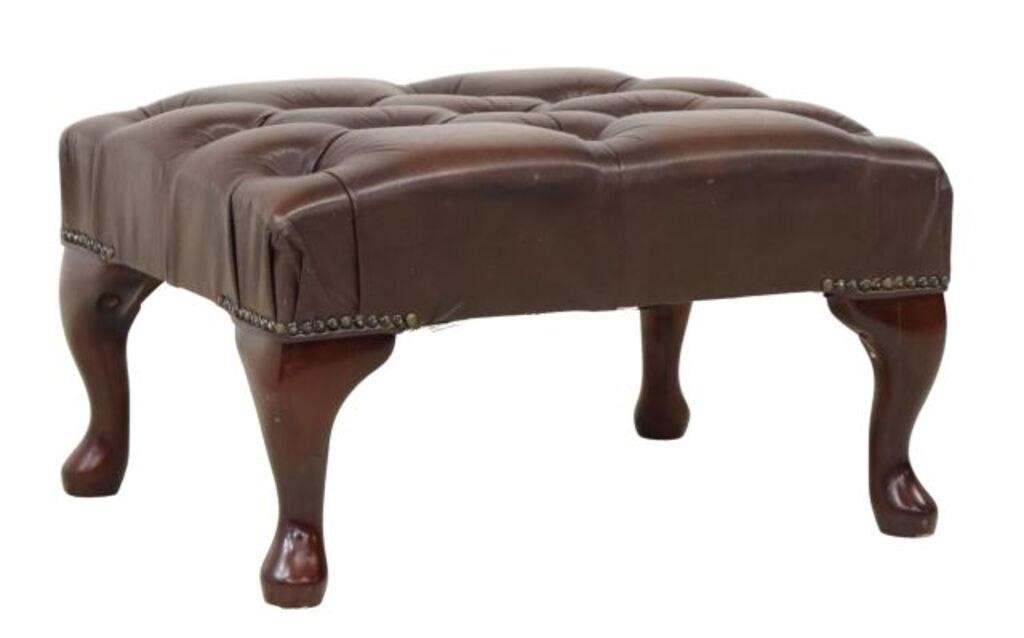 Appraisal: English Queen Anne style leather footstool ottoman th c brown