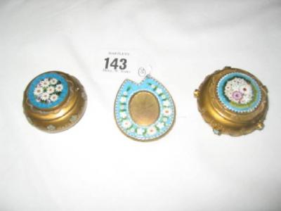 Appraisal: TWO GILT METAL MICRO MOSAIC PILL BOXES of bellied circular