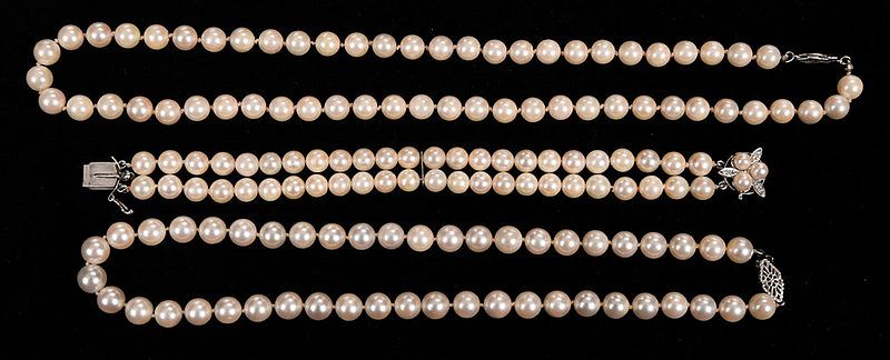 Appraisal: Three Pieces Pearl Jewelry necklace cultured pearls approx mm each