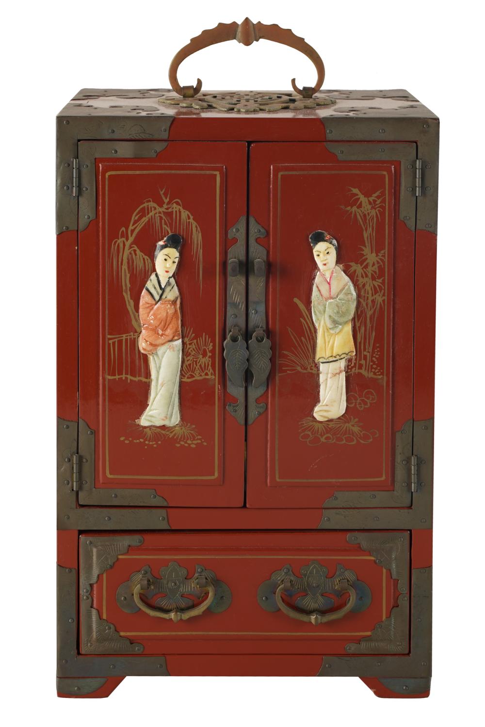 Appraisal: CHINESE RED-LACQUERED JEWELRY CHESTthe doors opening to four interior drawers