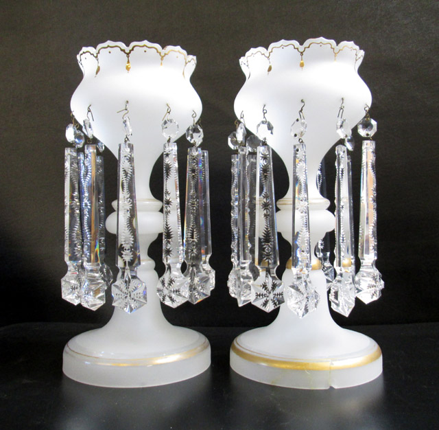 Appraisal: PAIR OF WHITE SATIN GLASS LUSTERS featuring gilt trim and