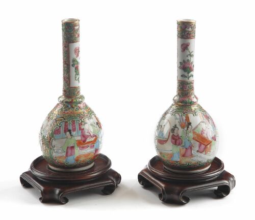 Appraisal: A pair of th century Canton bottle vases decorated with