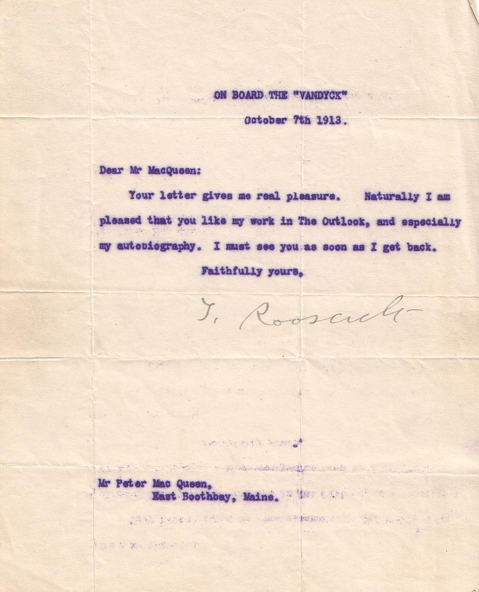 Appraisal: ROOSEVELT THEODORE Typed Letter Signed T Roosevelt to Peter MacQueen