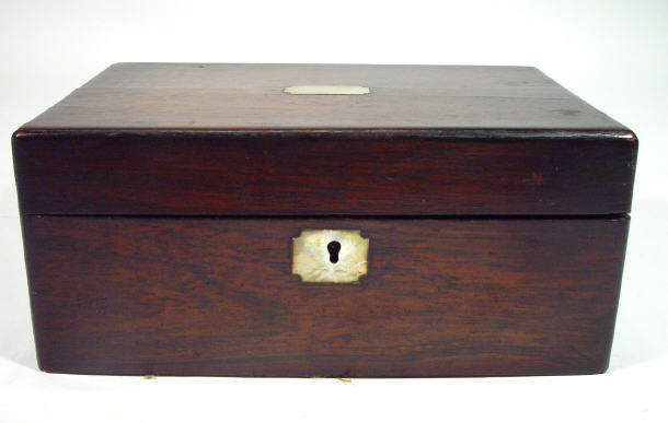 Appraisal: Rectangular Victorian mahogany sewing box with mother-of-pearl inlaid lid and