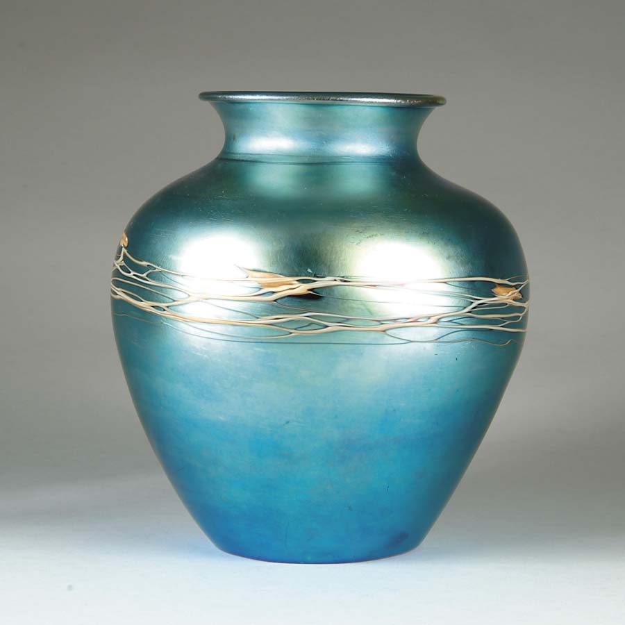 Appraisal: STEUBEN DECORATED AURENE VASE Iridescent blue coloring with applied gold