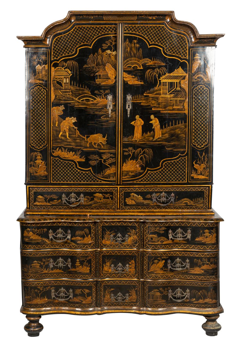 Appraisal: WILLIAM MARY CHINOISERIE CABINET ON CHESTin two parts the hinged