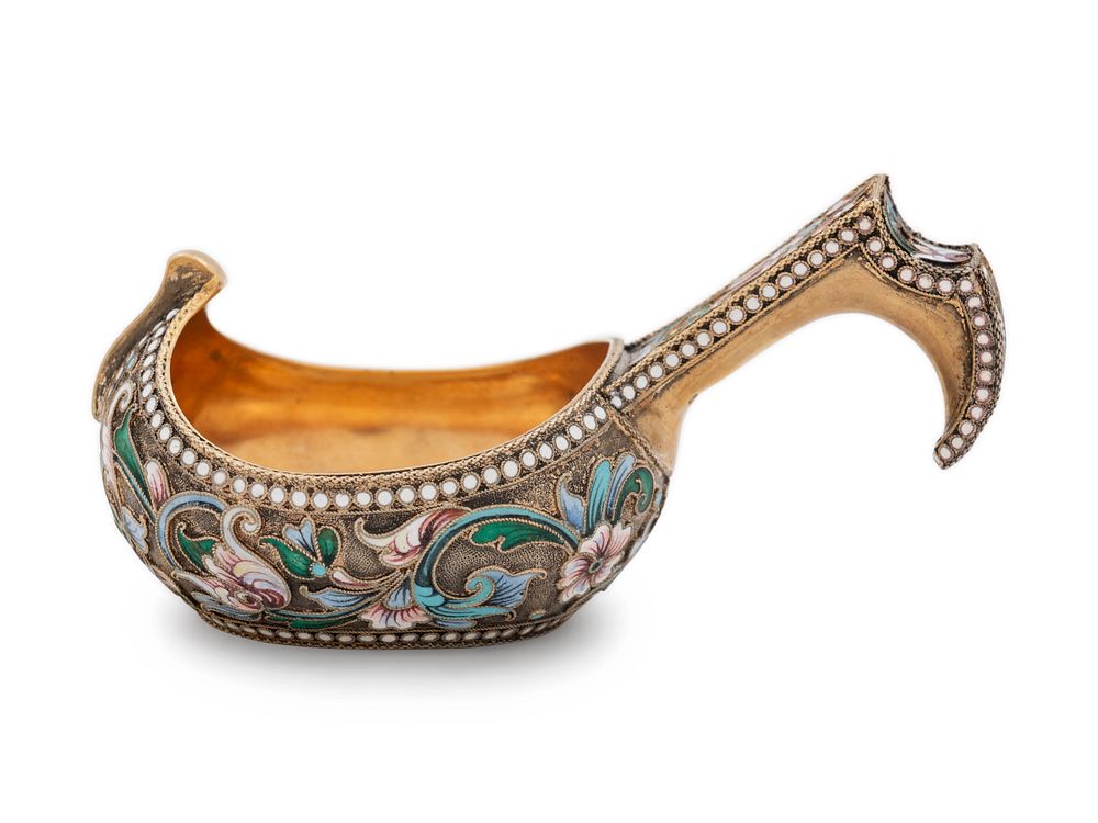 Appraisal: A Russian Silver-Gilt and Shaded Enamel Kovsh A Russian Silver-Gilt