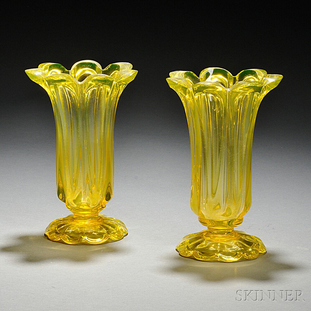 Appraisal: Two Canary Yellow Pressed Loop Pattern Glass Vases mid to