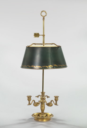 Appraisal: French Gilt-Brass and Parcel-Gilt Black Tole-Peinte Three-Light Bouillotte Lamp in