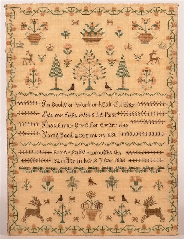 Appraisal: Dated Needlework Sampler by Jane Page Dated Needlework Sampler by