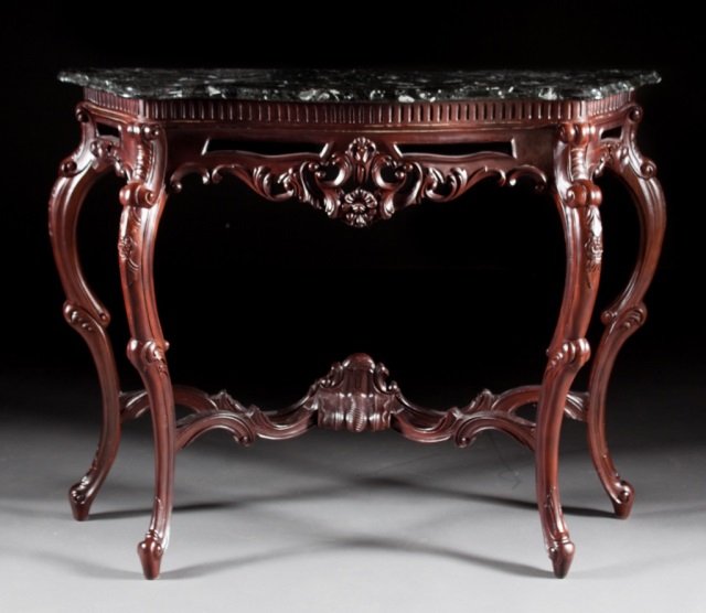 Appraisal: Louis XV style mahogany marble-top hall table carved scroll and