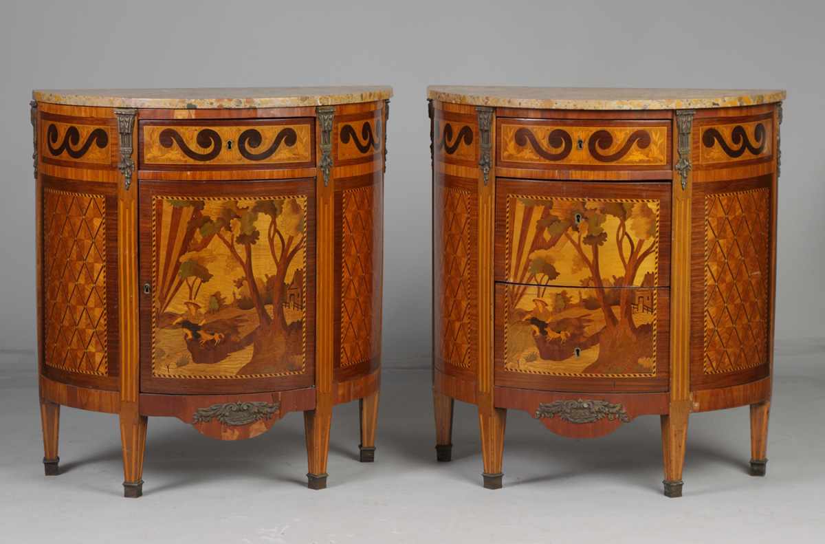 Appraisal: A Pair of French Inlaid Bow Front Marble Top Commodes