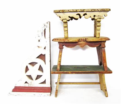 Appraisal: Three painted footstools and a painted bracket th th century