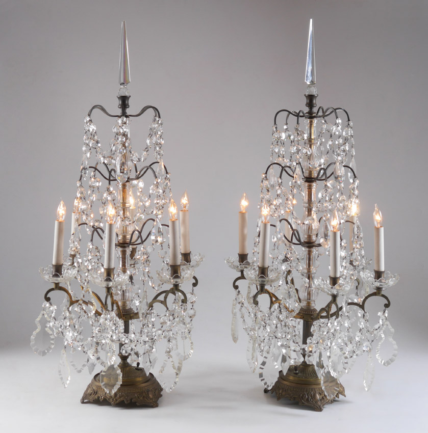 Appraisal: PAIR BACCARAT QUALITY TABLE CHANDELIERS Crystal spire finials over levels