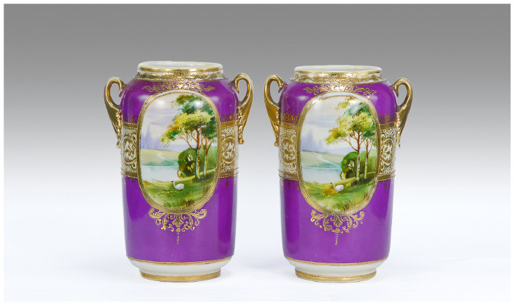 Appraisal: Noritake Pair of Vases with painted rural scenes in oval