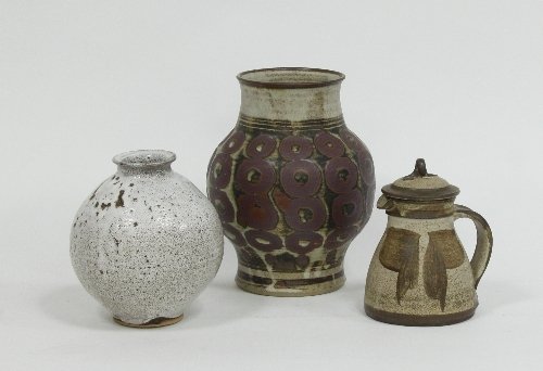 Appraisal: G Owen-Jones Two pottery vases and a jug and cover