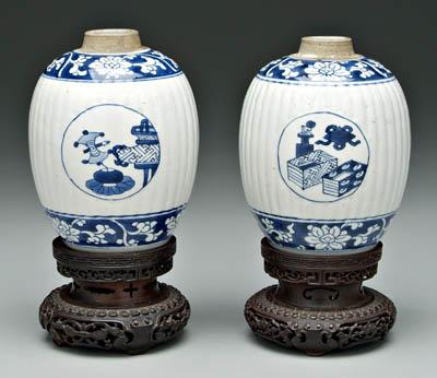 Appraisal: Pair Chinese blue and white jars ribbed ovoid form cartouches