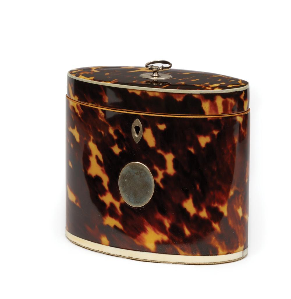 Appraisal: George III Tortoiseshell Tea Caddy th c oval form single