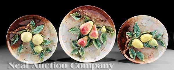 Appraisal: A Set of Three Antique French Barbotine Fruit Plates the