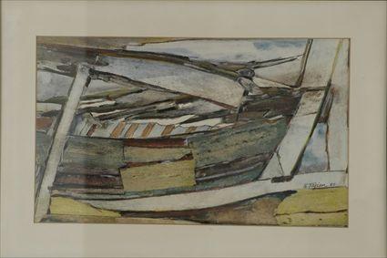 Appraisal: K Tazian th C Boat Mixed media on panel signed