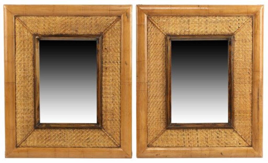 Appraisal: pair Bamboo and woven rattan rectangular mirrors frame encasing beveled