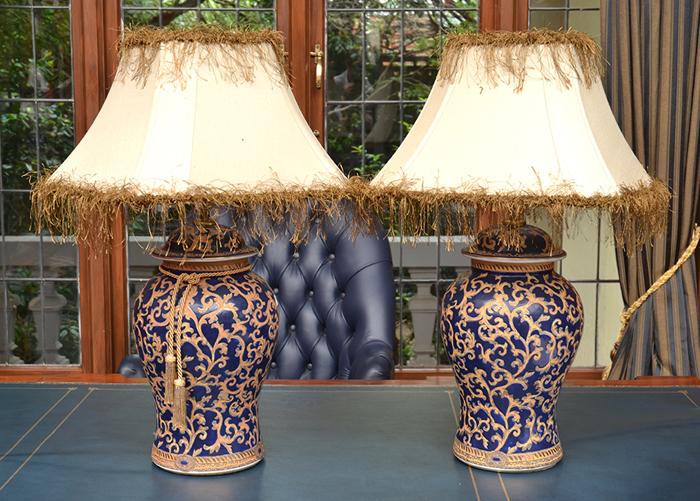 Appraisal: PAIR OF CHINESE BLUE GROUND BALLISTER LAMPS AND SHADES