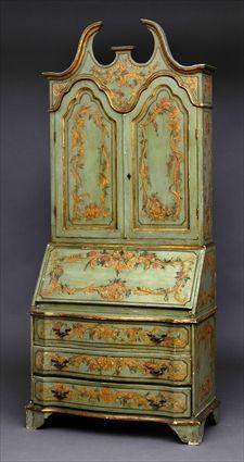 Appraisal: NORTH ITALIAN ROCOCO-STYLE PAINTED BUREAU BOOKCASE The swan's neck pediment