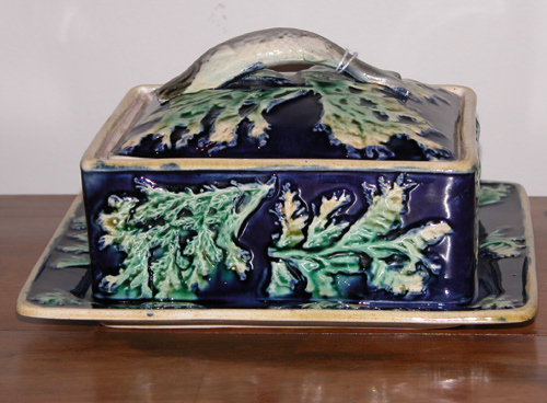 Appraisal: Majolica Pottery Sardine Dish Cobalt Blue with Green and Beige