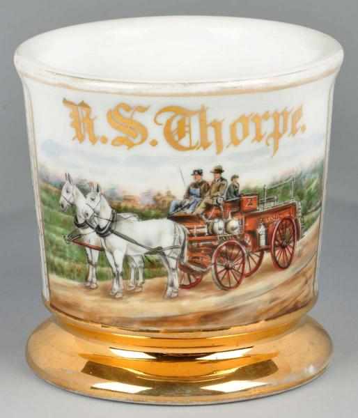 Appraisal: Horse-Drawn Fire Wagon Shaving Mug Description Gilt name R S