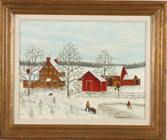 Appraisal: Winter Chores winter farm scene oil on canvas x SLR