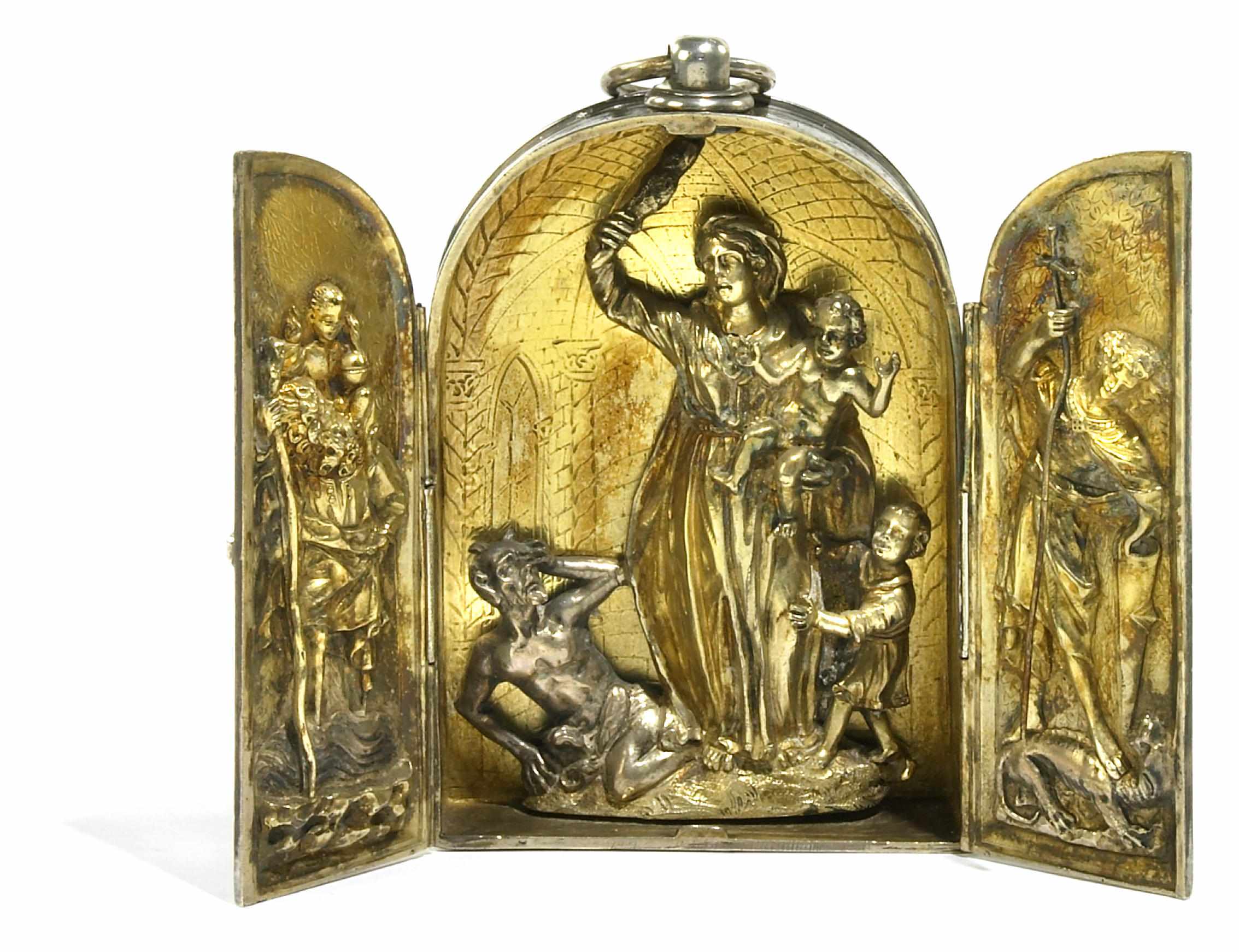 Appraisal: An Italian silvered and gilt metal relief triptych early th