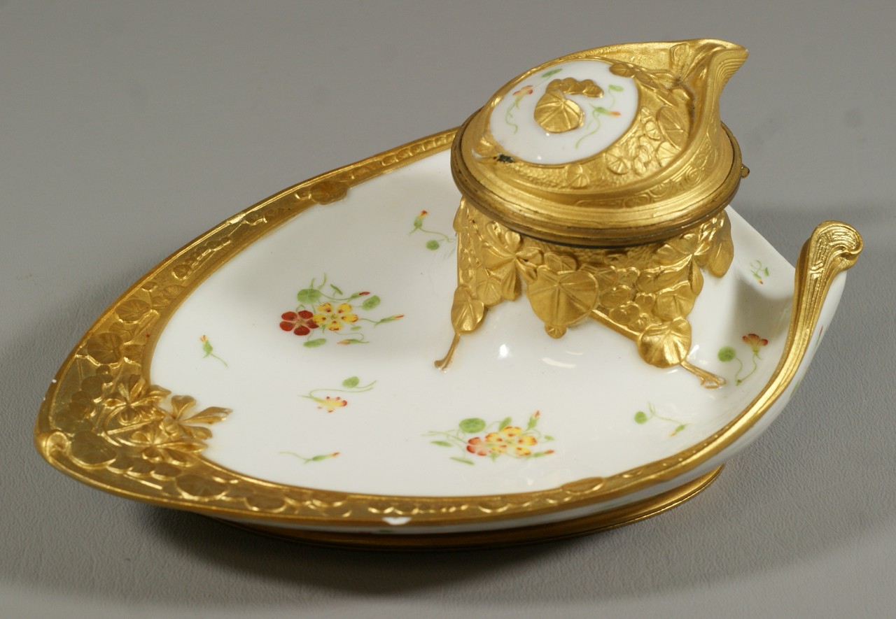 Appraisal: Louchet Paris gilt and gilt bronze mounted porcelain inkwell HP