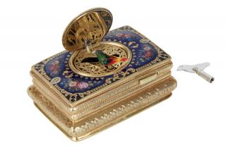 Appraisal: AN ANTIQUE GILT BRASS AND ENAMEL MUSIC BOX WITH A