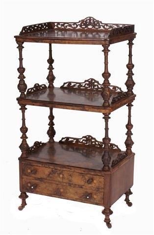 Appraisal: A VICTORIAN BURR WALNUT VENEER THREE TIER WHATNOT each tier