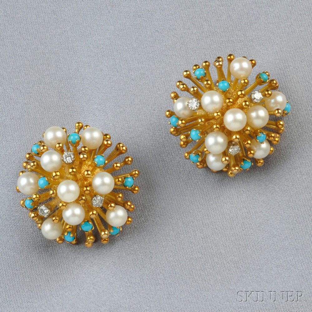 Appraisal: kt Gold Cultured Pearl Turquoise and Diamond Earclips each designed