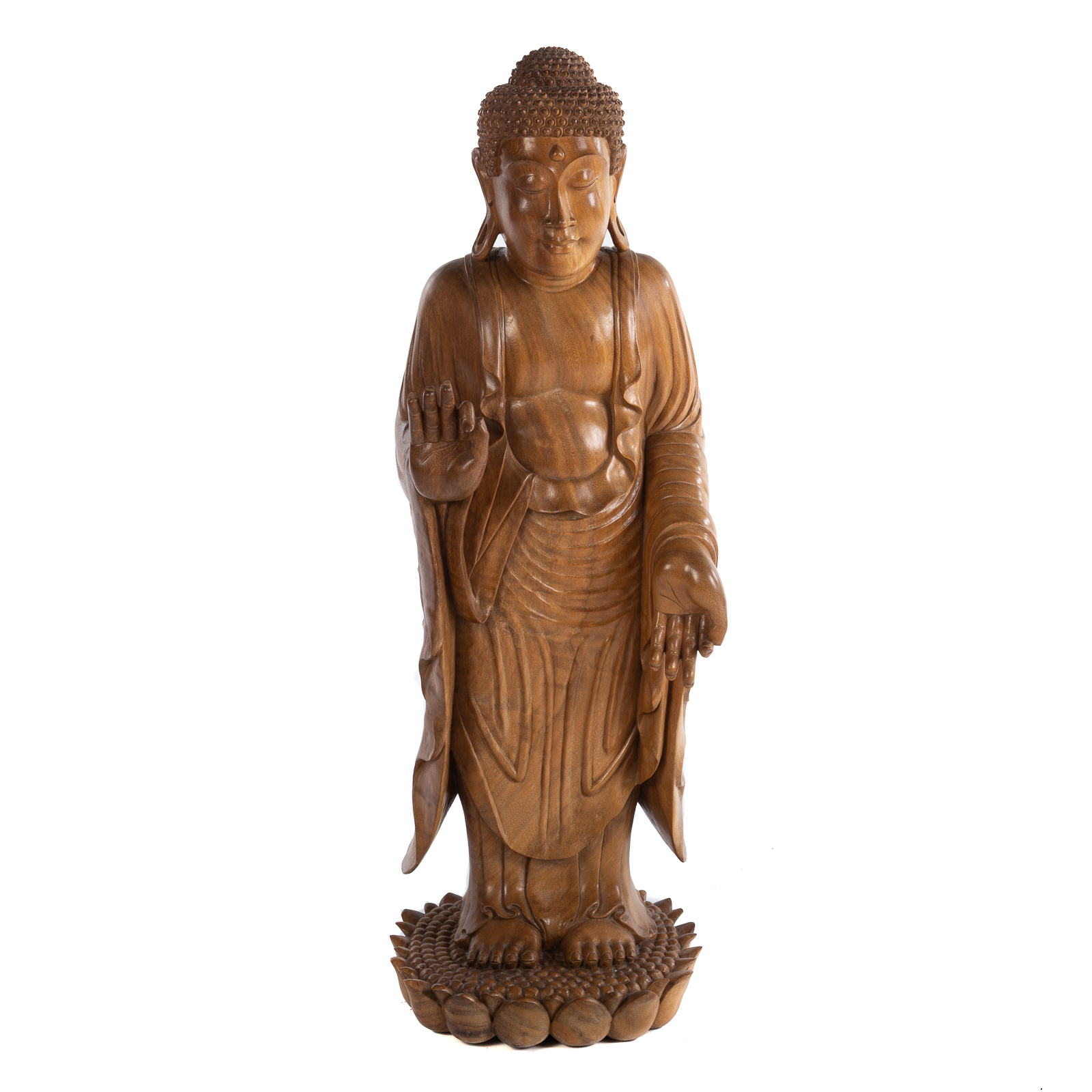 Appraisal: CHINESE CARVED WOOD STANDING BUDDHA Large figure of Buddha standing