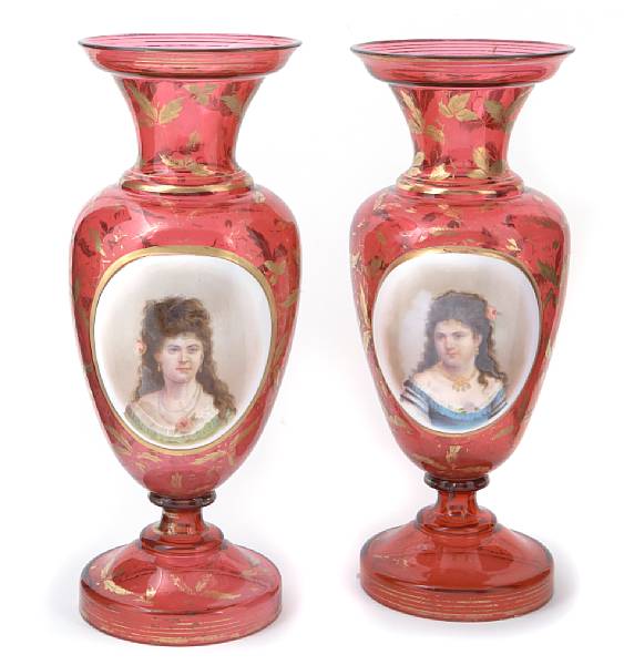 Appraisal: A pair of Bohemian ruby flashed baluster form glass portrait