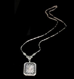 Appraisal: k and Diamond Deco Necklace k Art Deco filigree crystal