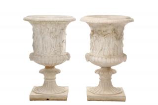 Appraisal: Pair Italian Cast Limestone Figural Garden Urns Italian late th