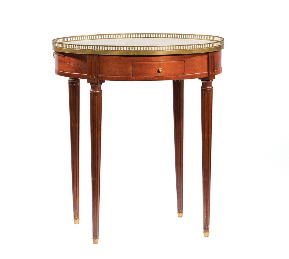 Appraisal: Antique Louis XVI-Style Brass-Mounted Mahogany Bouillotte Table galleried marble top