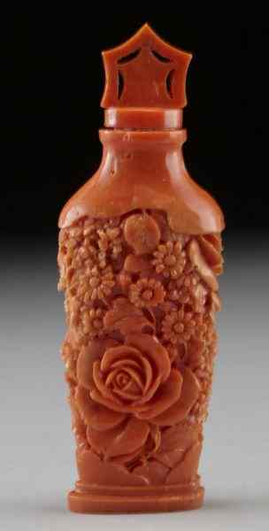 Appraisal: Chinese carved red coral snuff bottle depicting International buyers should